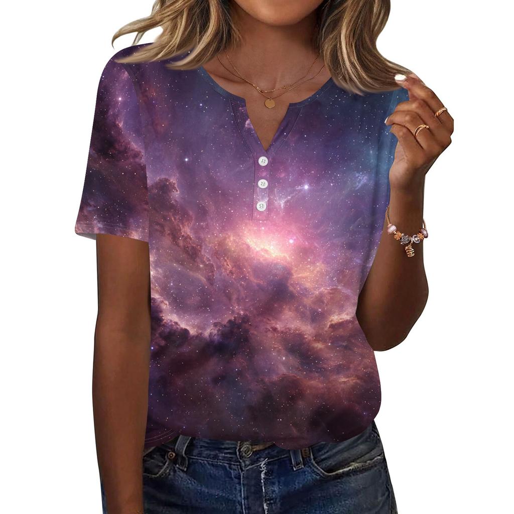 Women's T Shirt Print Button Short Sleeve Daily Weekend Fashion Basic V, Neck Regular Top