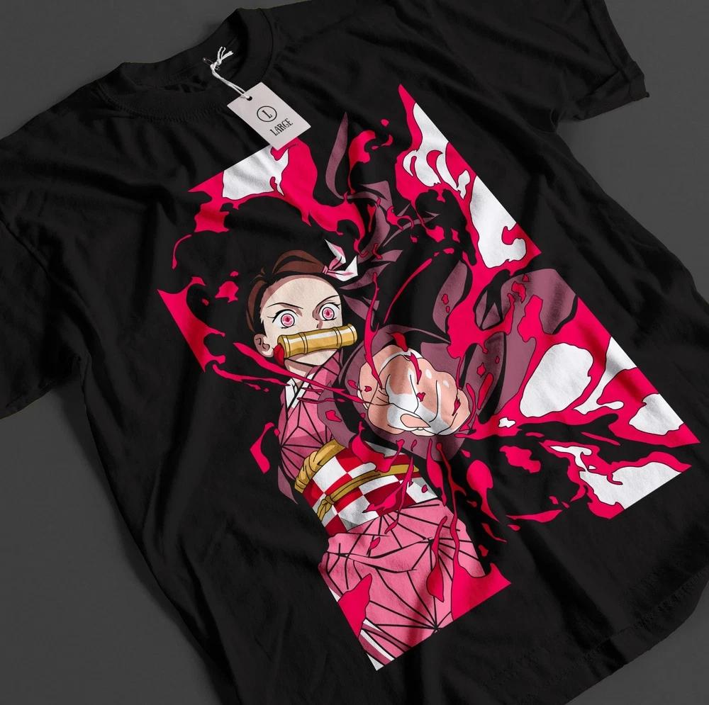 Anime Demon Slayer Nezuko Pink Flame Graphic Black Tshirt Size S4XL S
