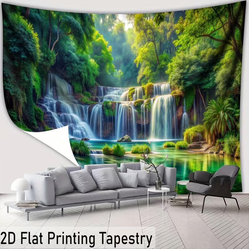 2D Tropical Waterfall Tapestry Lush Rainforest Background Cloth