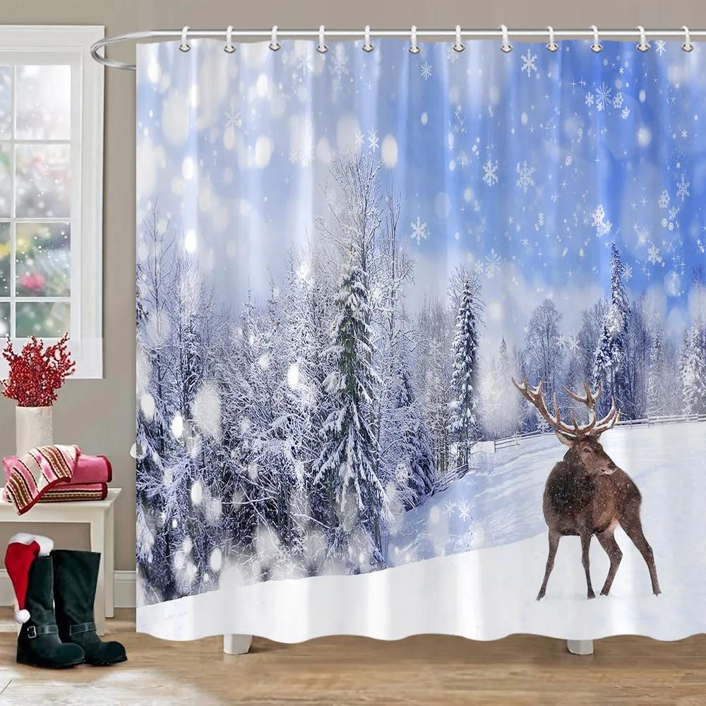 Winter Outdoor Forest Snow Shower Curtain Simulation Window Landscape Polyester Fabric Water Shower Curtains Bathroom Decoration