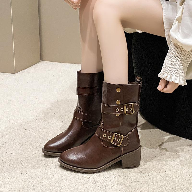 Western Cowboy Boots 2025 New Autumn Vintage Martin Boots Maillard Brown Boots Thick Heel Platform Short Boots Women