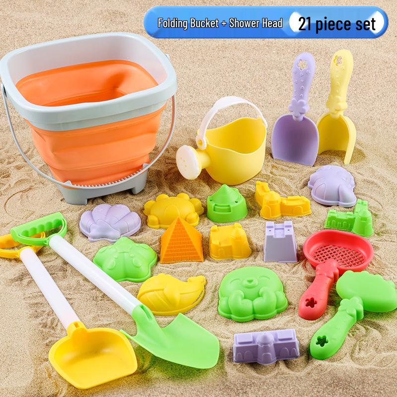 Cross-border Kid's Beach Toy Set: Folding Bucket, Shovel, Sand Tools & Sandglass Accessories