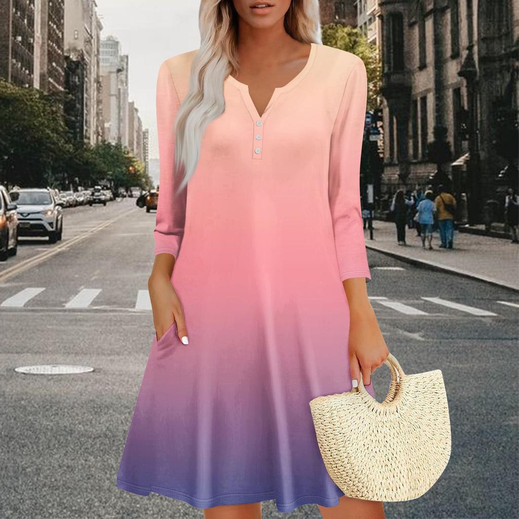 Women's Summer Dress Loose V Neck Three-quarter Sleeve Sundress With Pockets Dress