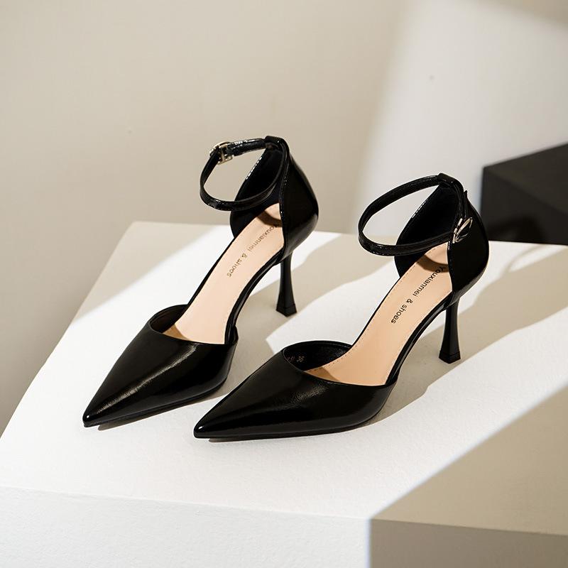 - European and American Metal Sense Design Sense Fashion Banquet Pointed One-word Buckle Hollow Sexy High Heels Women's Single Shoes