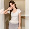 Simple casual white U-neck exposed clavicle pure desire short-sleeved T-shirt women's summer new lace splicing design top
