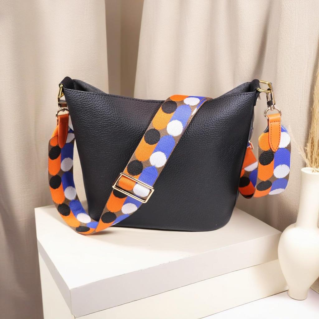 [DDBody] Genuine Leather Shoulder Strap, Single Shoulder Strap for Bags, Embroidered, Thick, Stylish, Original Design for Women (OrangeBlue Polka