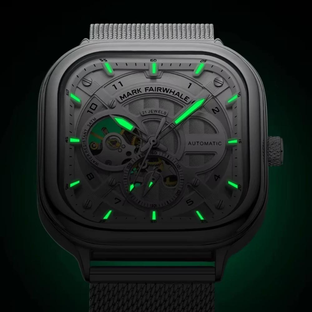 Mark Fairwhale 6014 Herren Automatikuhr Mechanische Uhr Quadratisches Zifferblatt Edelstahl Wasserdichtes Netzarmband Uhren für Herren