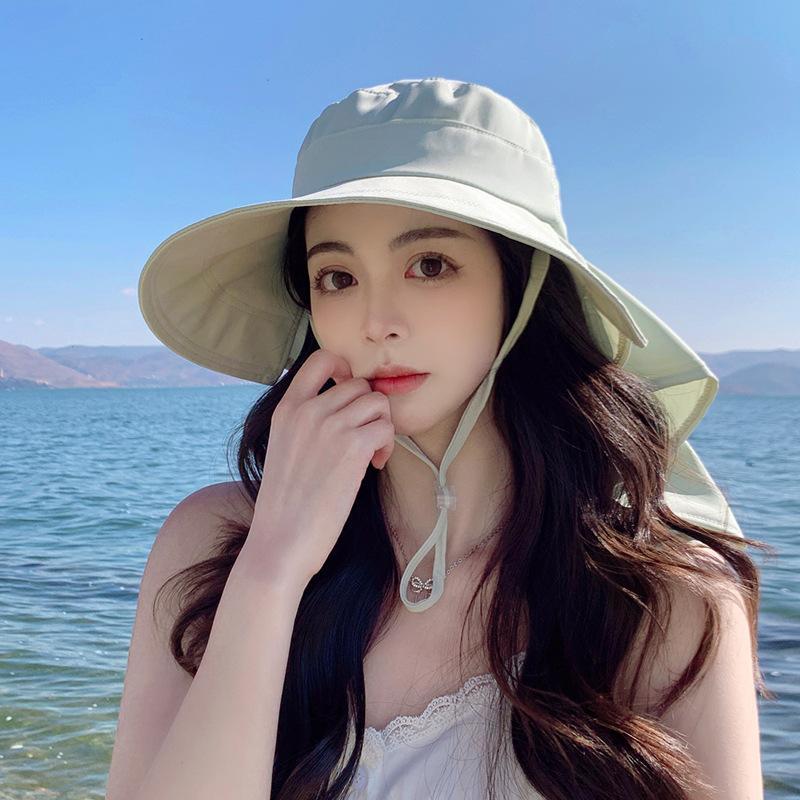 8459 spring and summer outdoor sunscreen visor big brim shawl bucket hat fashion with ponytail hole hat women