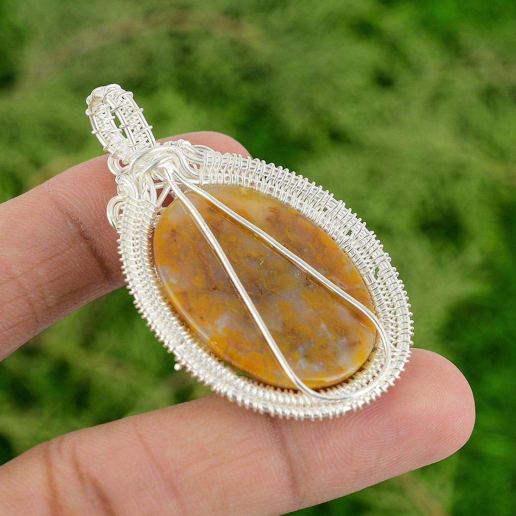 Daughters Day Sale Plume Agate Stone Wife Wire Wrap Artisan Pendant 925 Silver