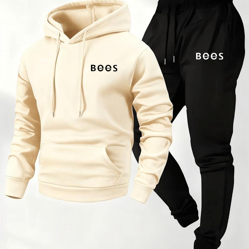 Autumn and Winter Men's Thick Wool Hooded Sweatshirt and Sports Pants Set, Made of Polyester Fabric, Featuring Bee Letter Pattern Printing Set