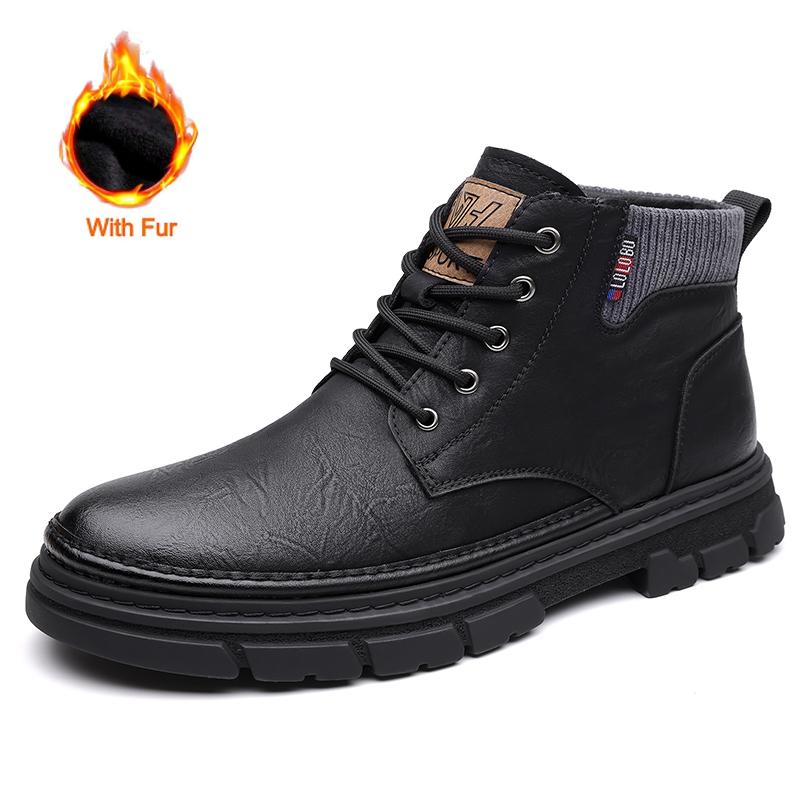 Fashion 2025 Winter Men's Leather Boots Fashion Thick Bottom Warm Fur Casual Ankle Short Shoes Lace-up Non-Slip Motorcycle Boots