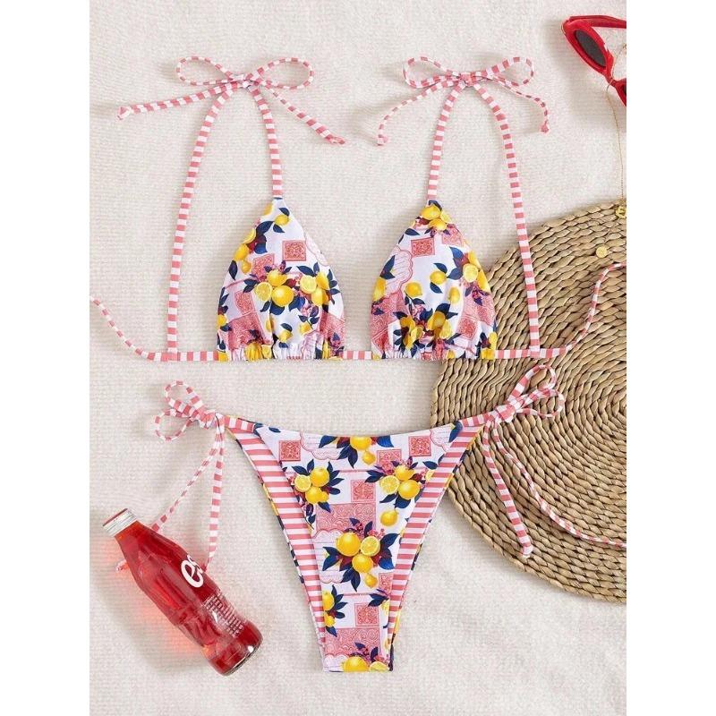 Sexy Fruits Print Striped Bikinis Sets Two Pieces Back Tie Thong Swimsuits Bathing Suit Swimwear Beach Outfits Biquini Tankini