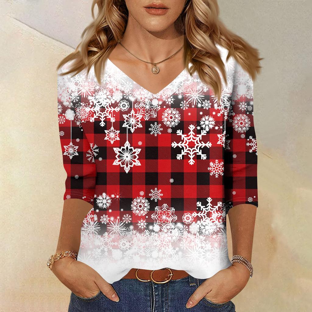 Dámská móda ležérní tričko s výstřihem do V, 3/4 rukáv, volný potisk, dámský top