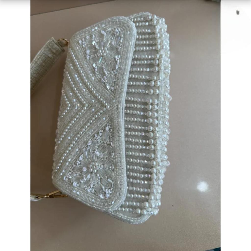 Handmade Beaded Bridal Clutch White Pearl & Sequin Evening Bag with Fringe Elegant Wedding Purse Handmade Party Bag Gift for Her
