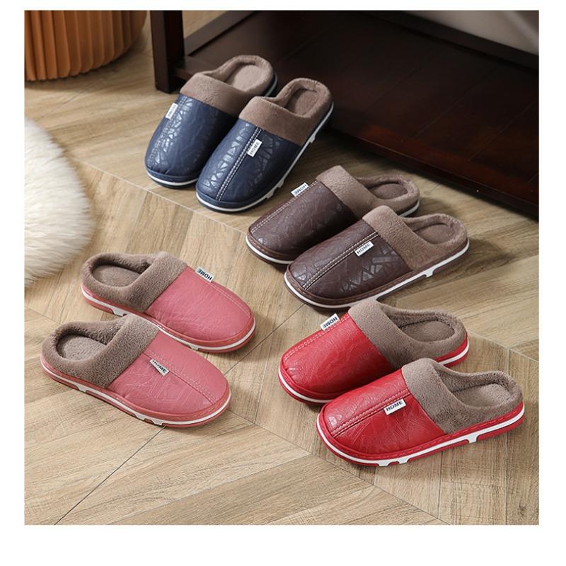 Fall and Winter Couple Slippers, Non-slip Anti-odor Indoor and Outdoor Home, Padded Thick Bottom PU Leather Slippers