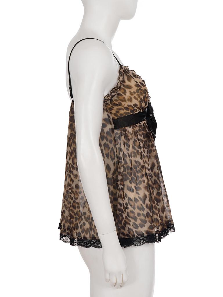 European Leopard Print Lace-Up Camisole with Bow Tie, Lace Trim, and V-Neck Slim Fit.