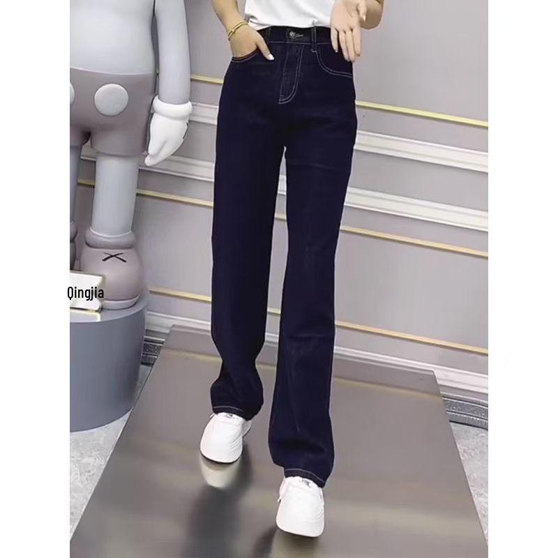 

Dark Blue Elastic High-Waisted Straight-Leg Jeans for Plus-Size Girls and Boys, Autumn Style, Slimming Pear-Shaped Fit Double Extra Large