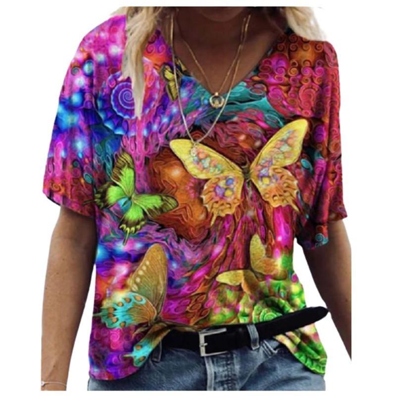 Women's Summer New V-neck Floral Positioning 3D Printed Short Sleeved T-shirt