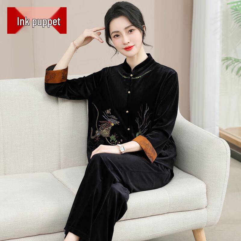 

Новый бархатный костюм-двойка в китайском стиле с вышивкой 4XL