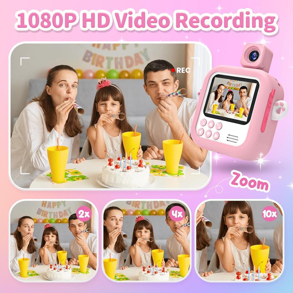 Kids Camera Instant Print,48MP Instant Print Camera for Kids, Pink Digital Camera Toys for Kids with Print Paper & 32GB Card, Birthday Gifts for
