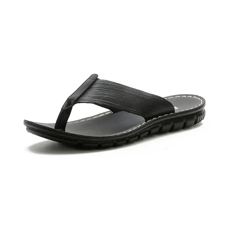 

38-44 Летние повседневные мужские сандалии из натуральной кожи, нескользящие тапочки, модные шлепанцы для мальчиков, пляжная обувь на плоской подошве, бесплатная доставка 44 чёрный