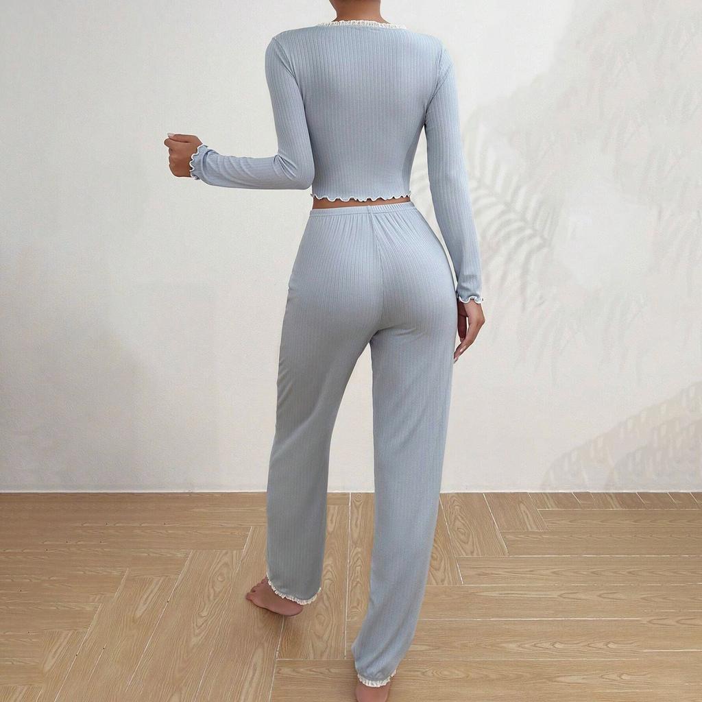 Women's Home Clothes Pajamas Long Sleeved Pants Loose And Comfortable Sexy Lace Two-piece Set
