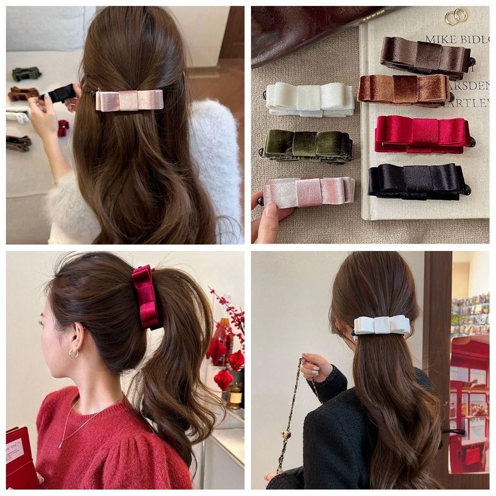 Cloth Red Velvet Bow Hair Clip Hair Clips Bow Vertical Clip Headdress Bowknot Banana Clip  Girls