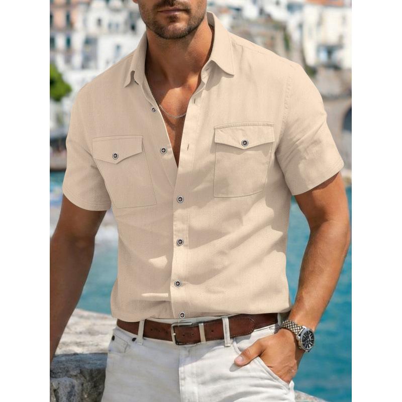 

Men s Beige Short Sleeve Button-Down Shirt with Chest Pockets S білий