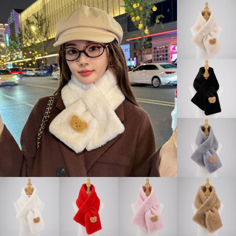 Elegant Faux Rabbit Fur Winter Warm Neck Warmer Cross Scarf Solid Color Neckerchief For Women Cute Little Bear Plush Scarf