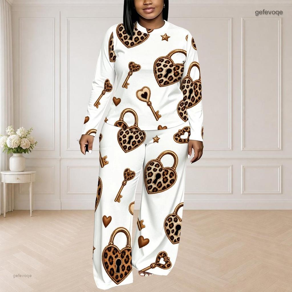 Women Plus Size White Printed Round Neck Long Sleeve Top And Long Pants Set