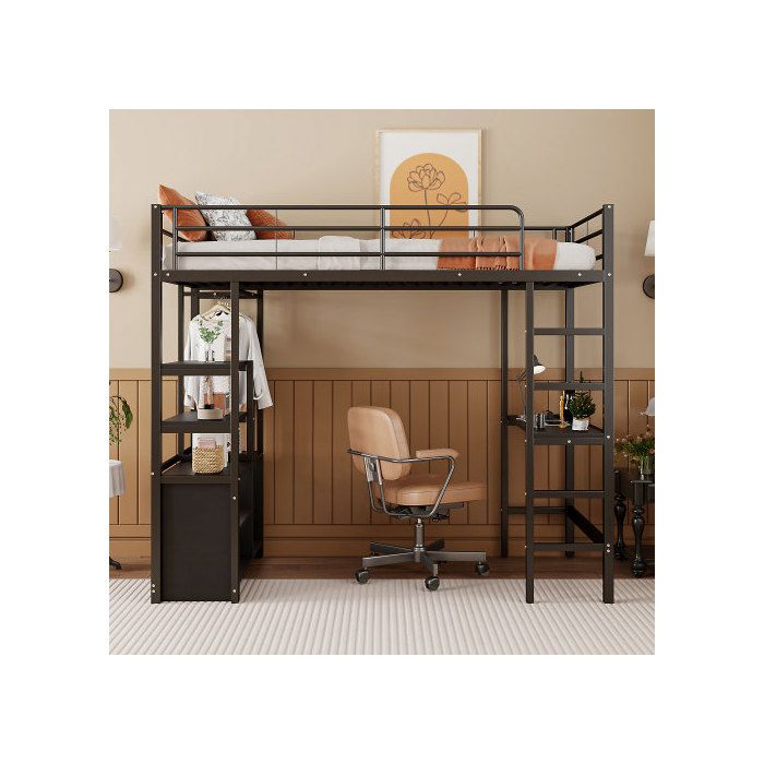 Lit haut - MUVOE - 90x200cm - Bureau intégré - Prise électrique et USB - Noir