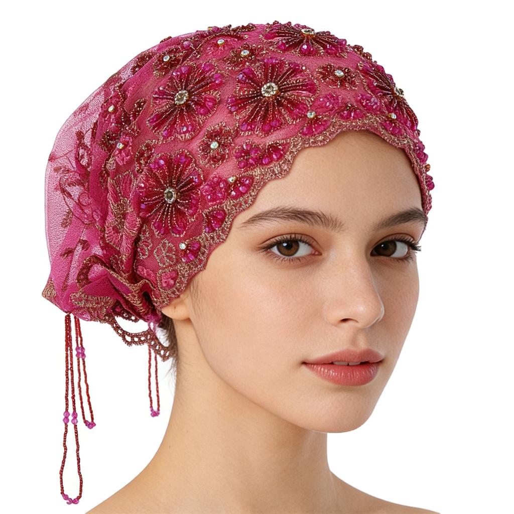Turban Hat for Women Lace Bead Muslim Hijab Beanie Cap Shinny Bonnet Hat With Beaded Fringe Women's Head Wraps Floral Embroidery Beaded Headwrap Cover