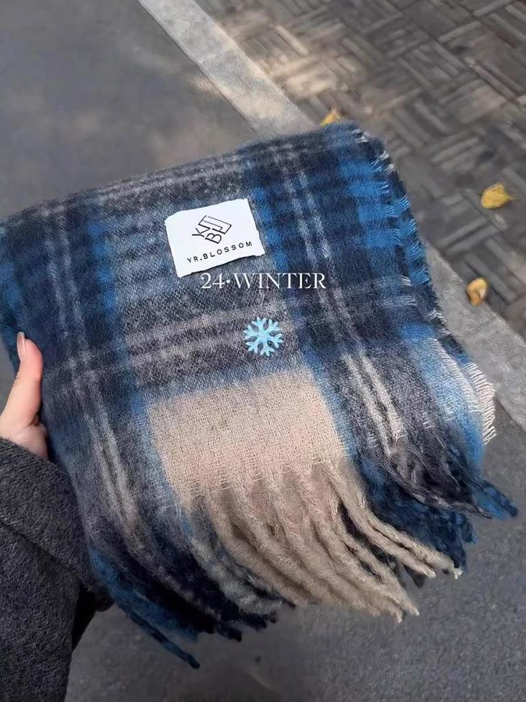 Korean Style Imitation Cashmere Plaid Scarf - Women's Warm, Thick, and Versatile Neck Warmer for Fall and Winter.