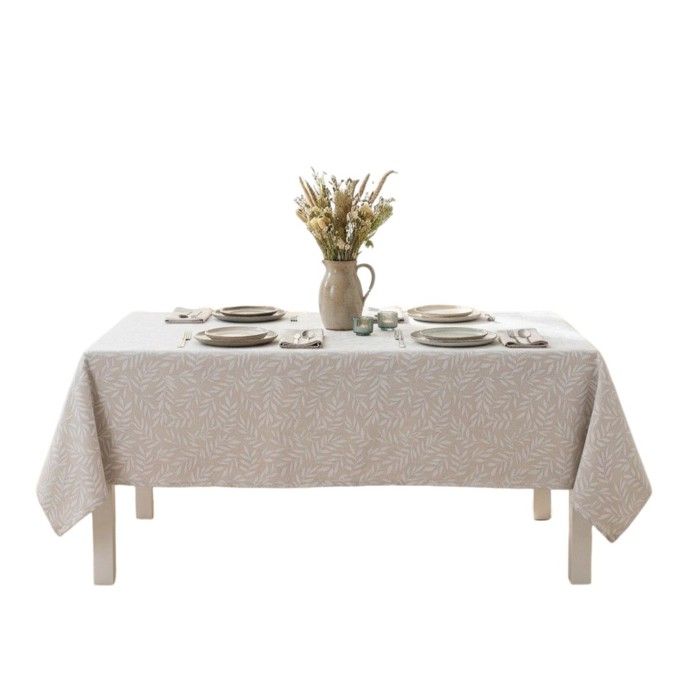 Nappe effet lin - EDEN - Naia - 140 x 240 cm - Feuilles sauge sur fond beige - Polycoton, entretien facile