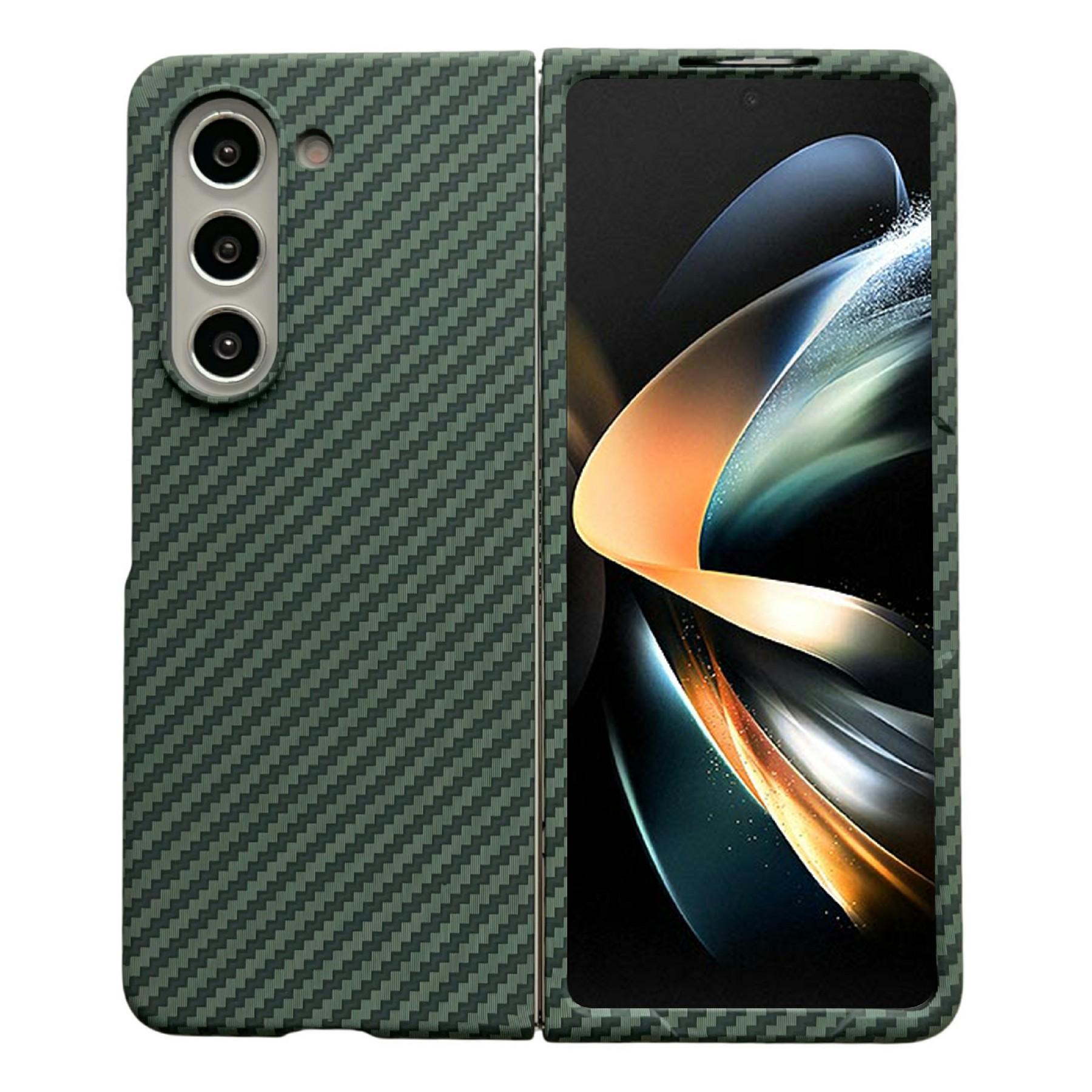 

For Samsung Galaxy Z Fold4 5G Magnetic Case Carbon Fiber Texture PC Phone Cover with Screen Protector Green
