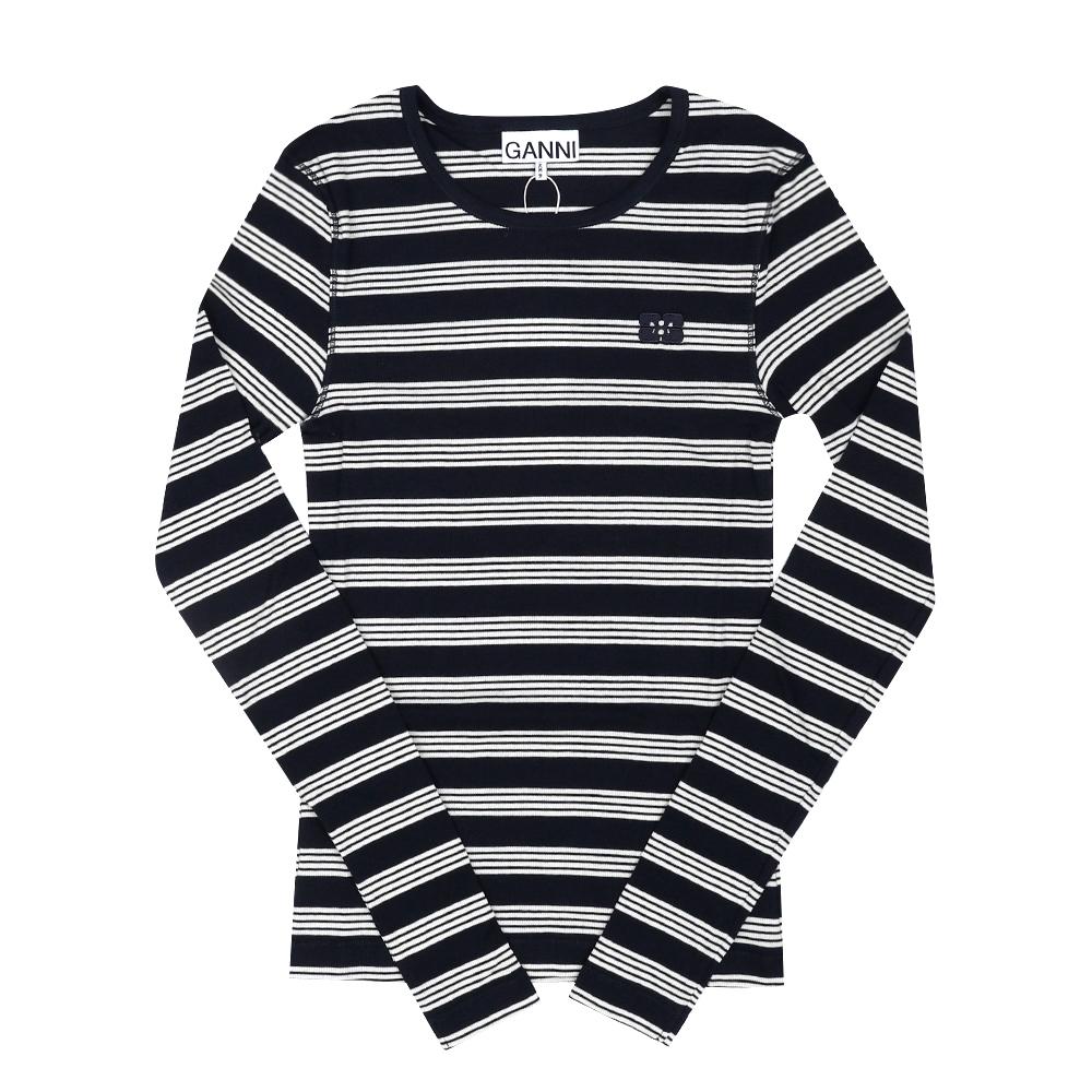 

Ganni Women S Long Sleeve Soft Cotton Rib Stripe Tee A1050066 683 A1050066 683 (M)