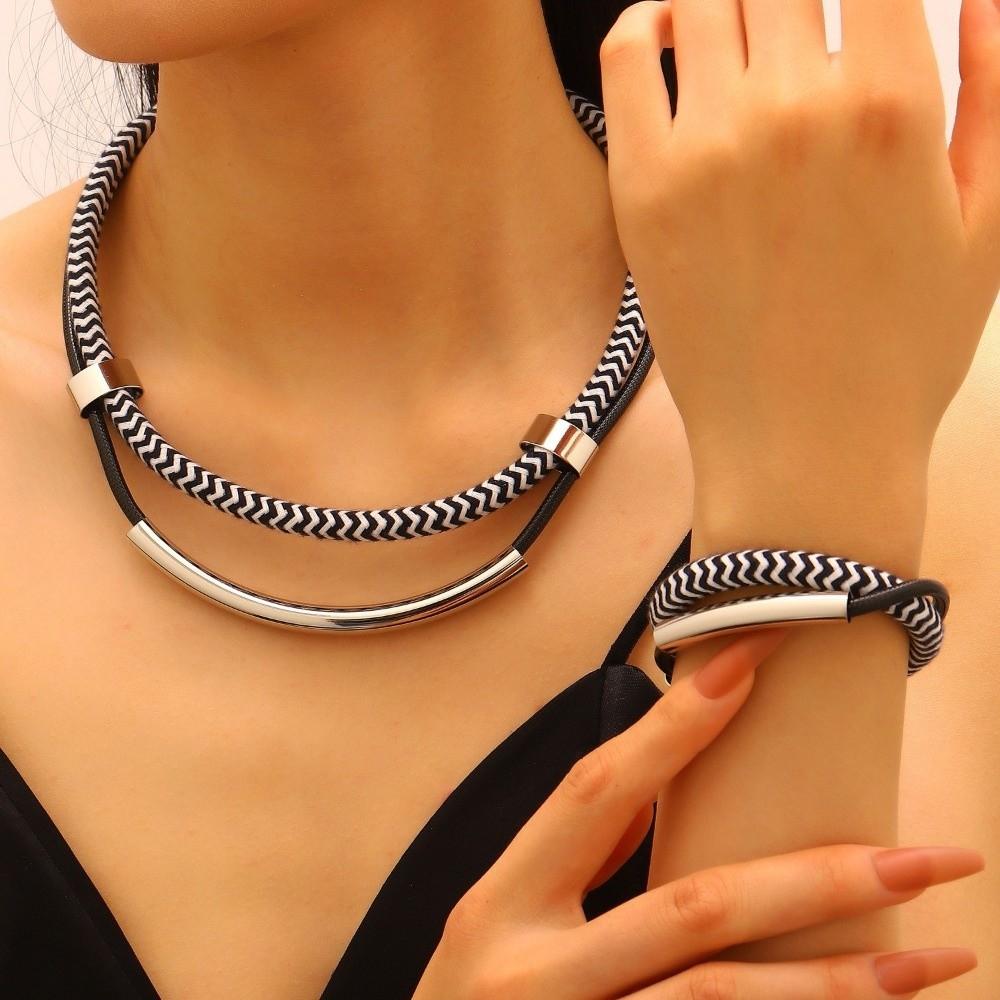 Double Line Metal Tube Jewelry Set Black and White Fashion Jewelry Daily Wear
