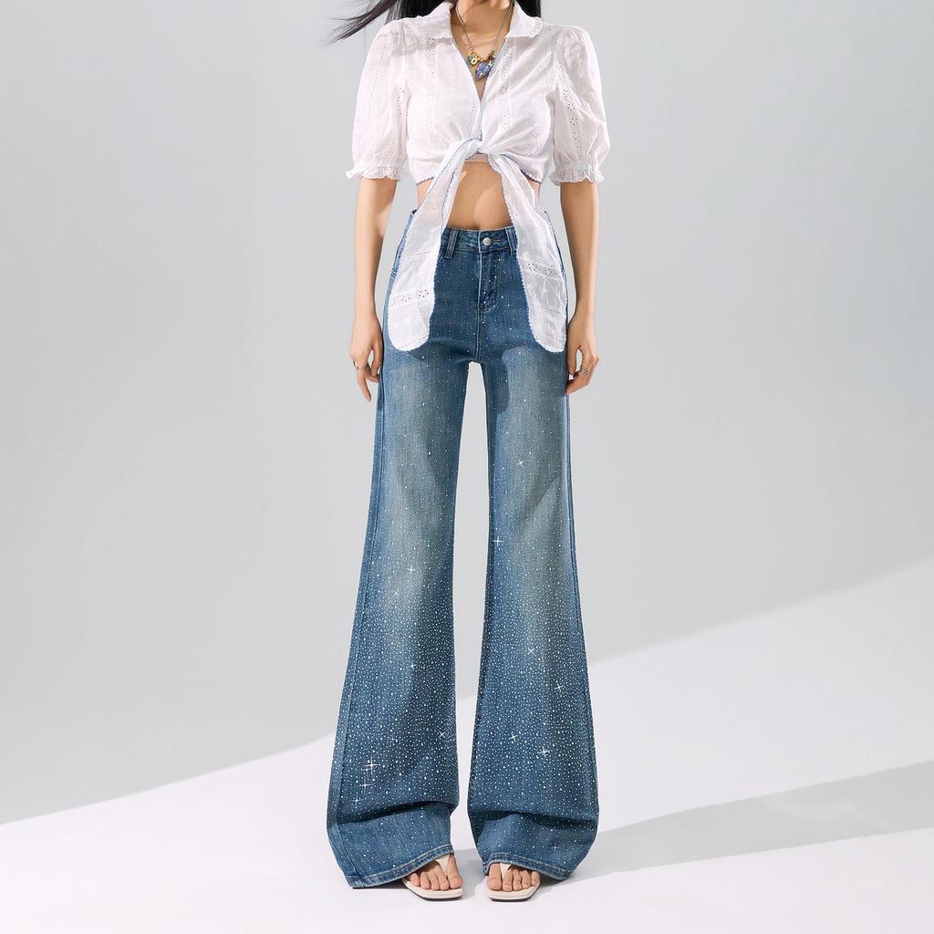 Spring Summer Trendy Bling Full Star Rhinestone Soft Comfort Relax Micro Flare Wide Leg Denim Pants For Women Casual Pants Oversize Denim Trousers