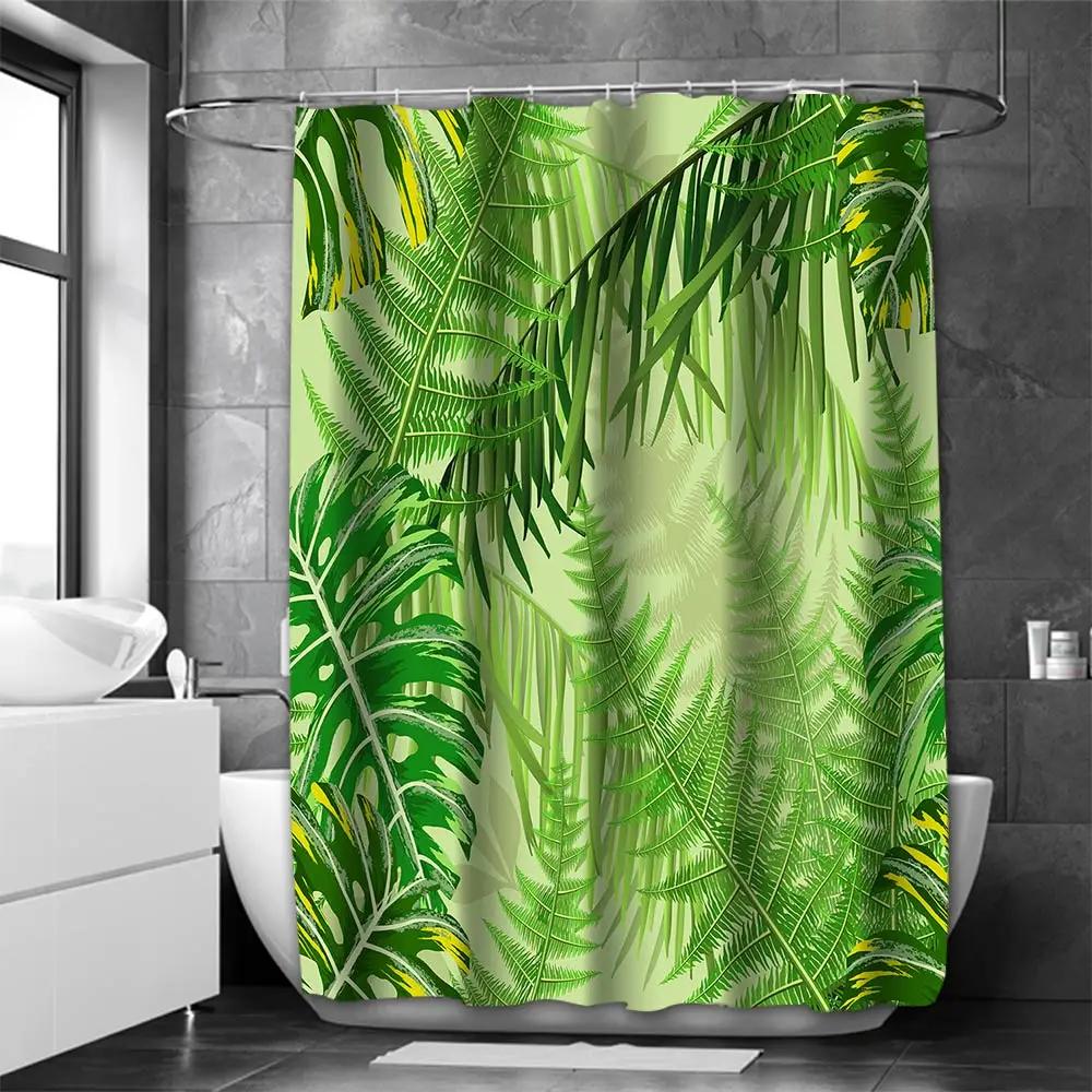 Frond Bathing Curtain  Bathroom Nordic Green Leaf  Shower Curtain Waterproof With 12 Hooks Home Deco