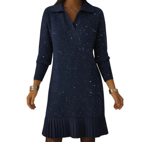 Women Knit Mini Fall Sweater Dress Sparkly Long Sleeve Lapel V Neck Dress Casual Ribbed Pullover Pleated Swing Dress