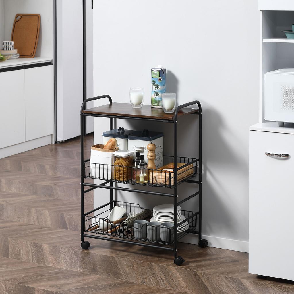 Kitchen Cart Industrial Style Food Carrier With 4 Wheels 2 Baskets And 4 Hooks 60x38x85.5cm Brown Black
