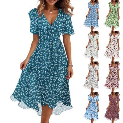 Damenmode Lässig V-Ausschnitt Kurzarm Rüschen Vintage Bedruckte Kleider