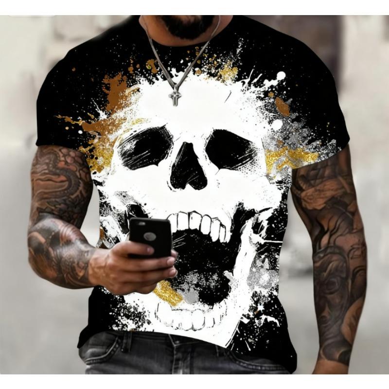 Men's Halloween Sports T-shirt 3D Neutral Skull Print Round Neck Short Sleeved Casual, Comfortable and Fashionable Top