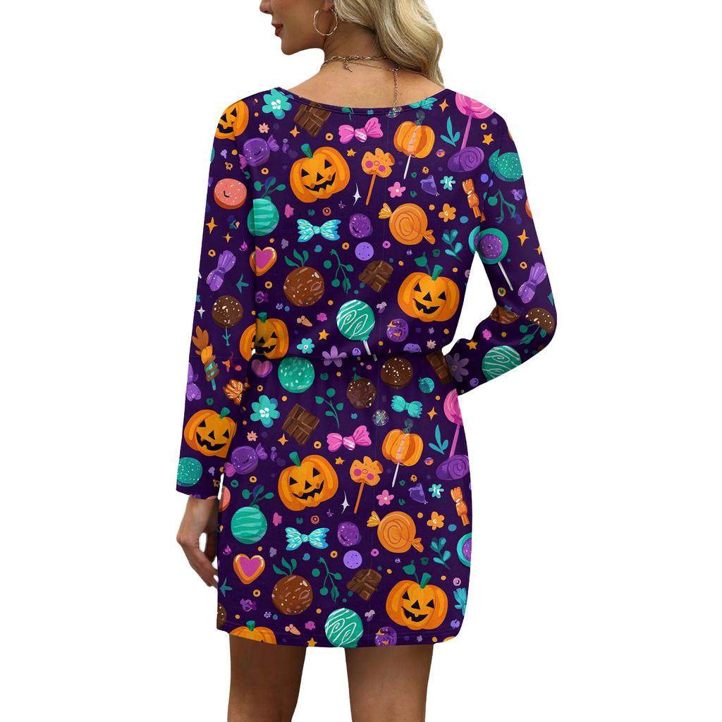 Women's Fashionable V-neck Long Sleeved Drawstring With Pocket Halloween Printed Casual Dress