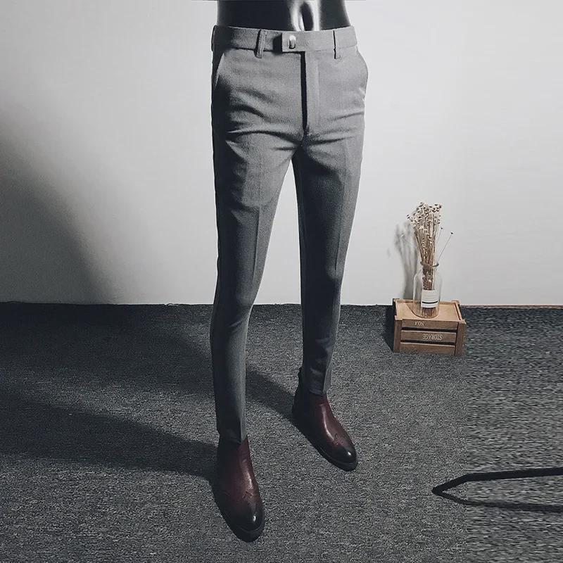 Men's Black Slim-Fit Elastic Business Casual Trousers - Nine-Point Korean Style
