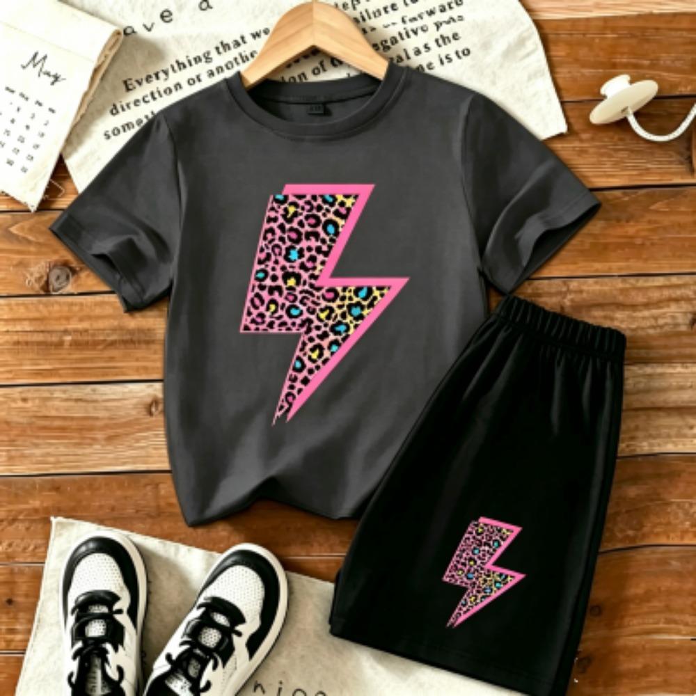 Leopard Lightning Printed 15 Colors Outdoor Street Women's T-shirt and Shorts 2 Piece Set Summer Home Casual Outfit Men and Women's Sports Set