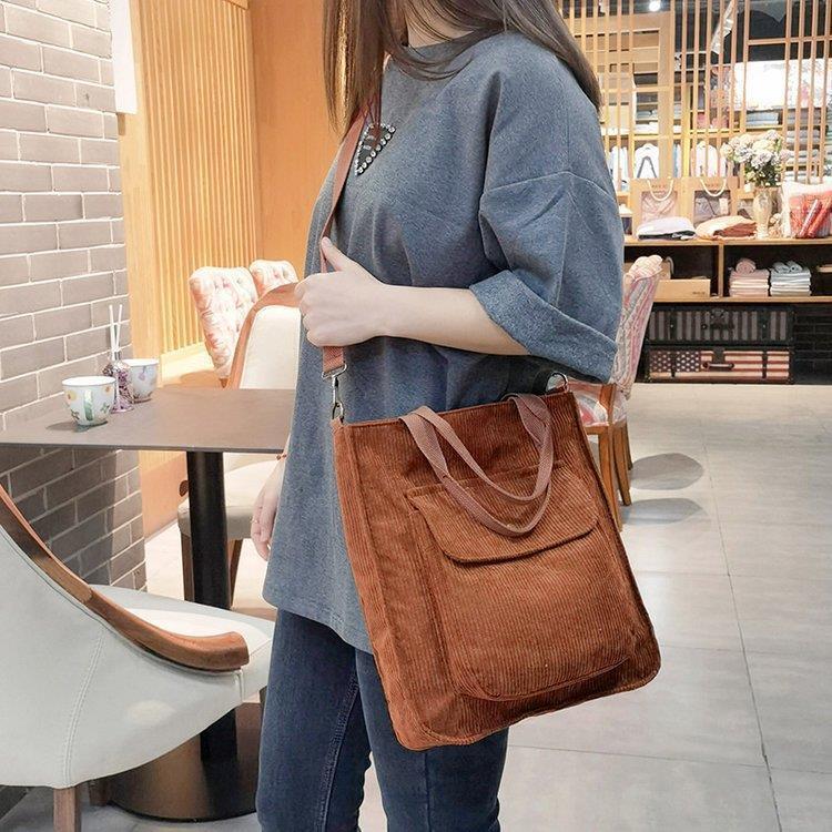 Women's Retro Corduroy Tote - Large Capacity Striped Shoulder or Crossbody Bag
