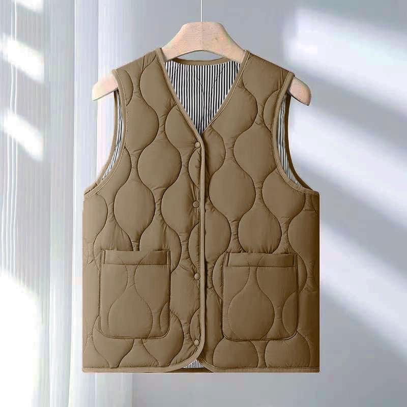 Winter-Schichtweste für Damen, Mantel mit Aufbewahrungstasche, dünn gepolstert, Druckknopfverschluss, V-Ausschnitt, ärmellos, einfarbig, winddicht, wärmespeichernd, Outdoor-Daunen