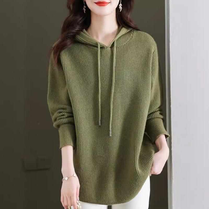 Podzim Zima Jednobarevný Volný Ležérní Pletený Top s Kapucí Dámský Vintage Stahovací Svetr