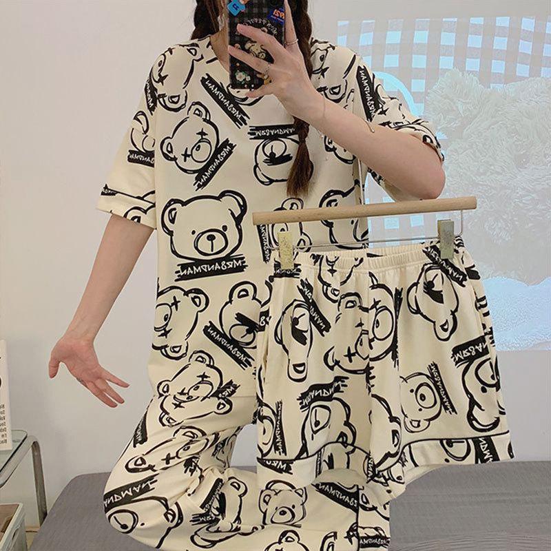 Women's Loose Summer Cartoon Pajama Set: Cute Short Sleeve Top & Long Pants for Spring/Autumn